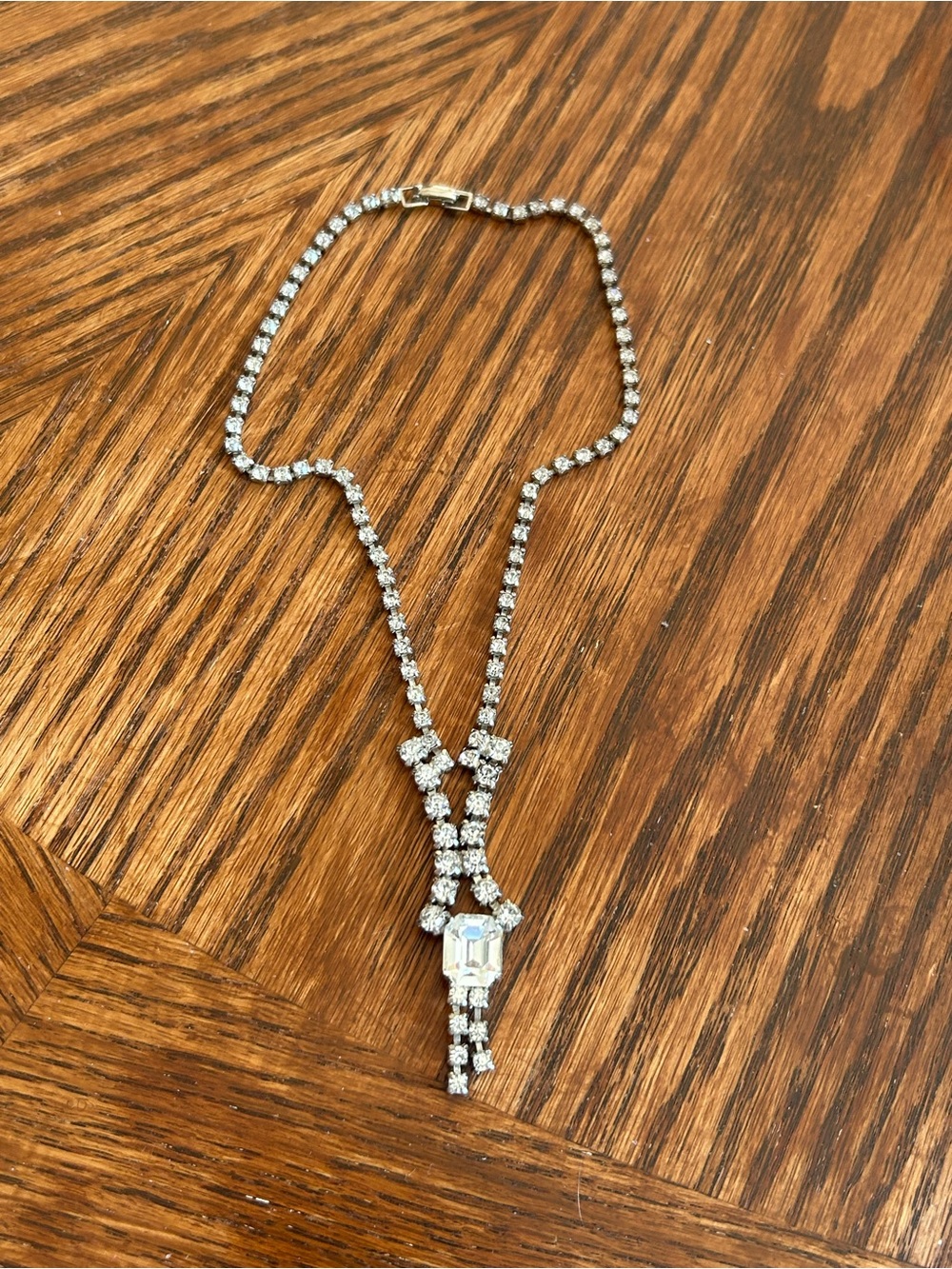 Vintage 1950s Silver Tone Clear Rhinestone Y-Drop Fringe Necklace
